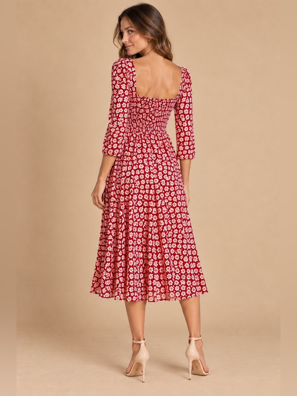 Reformation Red Ivory Floral Square Neck 3/4 Sleeve Midi Dress Size 0 Boho Style - Picture 5 of 11